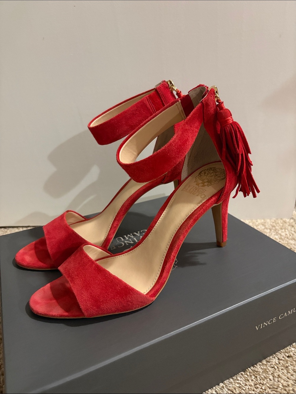 Vince Camuto Red Suede Heeled Sandals with Tassel